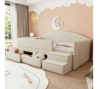 YEHTOKHOME Lit Moderne rembourré 90x190cm avec 2 tiroirs et marches,canapé-lit Simple avec Garde-Corps et sommier à Lattes,pour Chambres à Coucher,Velours(sans Matelas) (Beige)