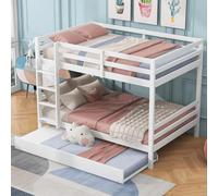 YEHTOKHOME Lit superposé 140x200cm avec escalier et Garde-Corps, Moderne lit en Bois avec sommier à Lattes,Multifonctionnel avec lit escamotable(sans Matelas) (Blanc)