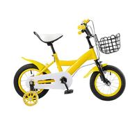 YEITBY Vélo pour garçon et fille - 12" - Pour enfants de 2 à 4 ans - Avec roues jockey - Panier de rangement - Roues stabilisatrices à double frein - Frein à main - Jaune