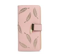 YEJAHY Portefeuille Femme - Compagnon Élégant avec Design Feuille Découpée et Pendentif Doré, Grande Bourse avec 12 Emplacements Cartes, Portefeuille Rose à Trois Volets