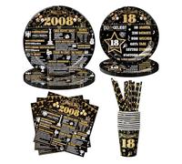 YEJIKJ Deco Anniversaire 18 Ans Assiettes Carton Décor Party Vaisselle Retour en 2008 Décorations de fête Assiettes or noir pour 10 invités