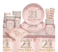 YEJIKJ Vaisselle de Fête Assiette Or Rose pour Anniversaire 21 Ans, Party Set pour 16 Invités, Décoration Fille