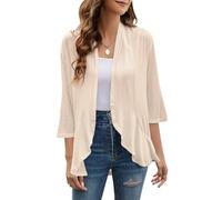 Yekaty Cardigan Femme Manches 3/4 Ouvert Devant Cardigan Léger à Volants Drapée Tricoté, beige, Large
