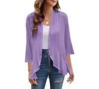 Yekaty Cardigan Femme Manches 3/4 Ouvert Devant Cardigan Léger à Volants Drapée Tricoté, lavande, 3X-Large
