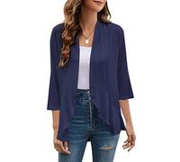 Yekaty Cardigan Femme Manches 3/4 Ouvert Devant Léger Cardigan Plissé en Maille à Volants, bleu marine, Medium