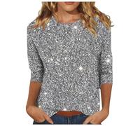 Yekdmxop Blouse Femme Élégante avec Paillettes Curvy Col Rond Maille Glitter Or Cérémonie T-Shirt Argent Manches Longues Blouse Grandes Tailles Strass T-Shirts Nouvel An Brillant T-Shirt Noël Tops