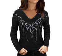 Yekdmxop Tee-shirts à Paillettes Femme Élégant Curvy Manches Longues Blouse Strass Soirée T-shirts Grande Taille Col en V Tricot Argent Brillant T Shirt Cérémonie Paillettes Or Tops Noël T-shirt, Noir
