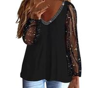 Yekdmxop Top Femme Élégant avec Paillettes Argent Col en V Blouse Strass Soirée Pull grande taille Manches Longues T Shirt Curvy Brillantini Chemise Noël Paillettes Or Tops Cérémonie T-shirt, Noir ,