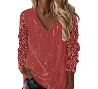 Yekdmxop Top Femme Élégant avec Paillettes Grandes Tailles Col en V Maille à Sequins Nouvel An Tops pour Femmes à la Silhouette Courbée Manches Longues T-Shirt Argent Paillettes Or Maillot de