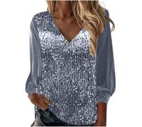 Yekdmxop Top Femme Élégant Paillettes Curvy Manches Longues Chemise Paillettes Or Cérémonie T-shirt Argent Col en V Tee-shirts Grande Taille Strass Tops Noël Brillant T Shirt Nouvel An Tricot, argent,