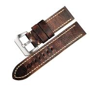 YELEMEABHB Bracelet de montre en cuir de vachette plié for la main, compatible for les modèles for PAM111 20 22 24 26 mm, style rétro marron décoloré, for homme Bracelet de montre(A Silver buckle,20mm
