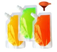 Yelinosk Lot de 20 pochettes transparentes de 250 ml avec bouchons et entonnoir pour festivals, alcool, jus, liquide, sacs à boissons, flasque en plastique pour fêtes, pique-niques, voyages, sports