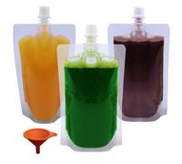 Yelinosk Lot de 20 pochettes transparentes de 380 ml avec bouchons et entonnoir pour festivals, alcool, jus, liquide, sacs à boissons, flasque en plastique pour fêtes, pique-niques, voyages, sports