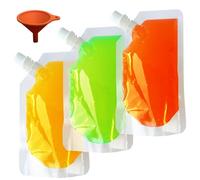 Yelinosk Lot de 20 pochettes transparentes de 420 ml avec bouchons et entonnoir pour festivals, alcool, jus, liquide, sacs à boissons, flasque en plastique pour fêtes, pique-niques, voyages, sports