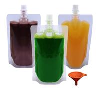 Yelinosk Lot de 20 pochettes transparentes de 500 ml avec bouchons et entonnoir pour festivals, alcool, jus, liquide, sacs à boissons, flasque en plastique pour fêtes, pique-niques, voyages, sports