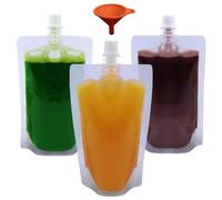 Yelinosk Lot de 50 pochettes transparentes de 250 ml avec bouchons et entonnoir pour festivals, alcool, jus, liquide, sacs à boissons, flasque en plastique pour fêtes, pique-niques, voyages, sports