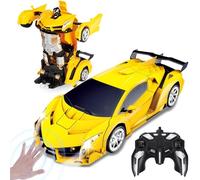 Yellcetoy Transform Jouets, Transformable Voiture Télécommandée avec Gestes de la Main, Lumière Clignotante Batteries Musique et Effet Sonore, 2,4G Voiture Robot pour Garcon 3 4 5 6 7 8 9 Ans Jaune