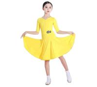 Yellow 2,120cm,Robe de Danse Latine pour Fille col en V, Ourlet à Volants idéale pour la Rumba la Samba Les Danses de Salon, l'entraînement la compétition Le Tango et Le cha-cha.