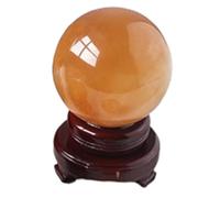 Yellow Calcite Iceland Spar Crystal Sphere with Wood Stand,Citrine Ball Statue Lucky Feng Shui Living Room Decoration,19cm/7.5in