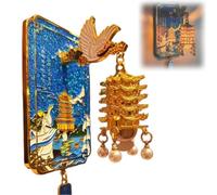 Yellow Crane Tower Luminous Lantern Refrigerator Magnet,3D Resin Decorative LED Light Fridge Ornament,Crane Dance Streamer Cherry Blossom Metal Magnetic Decoration,Cultural Scenic Gift (Blue)