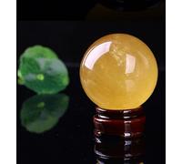 Yellow Crystal Ball Ornaments Raw Stone Polished Citrine Quartz Crystal Sphere Ball Calcite Iceland Spar Figurine with Wood Stand,20cm/7.9in