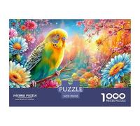 Yellow-Green Budgie Among Colorful Flowers Puzzle De 1000 Pièces Parrot Défi De Jeu d'esprit pour Toutes Les Âges 70x50cm/1000pcs