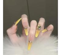 Yellow Handmade Press On Nails Stiletto Nail Tips 10Pcs French Rhinestones Luxury Glue on Nails Reusable Acrylic False Nails Manicure Kits with Cute Design for Women