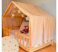 YellowNest Toile de Lit Cabane - Ciel de Lit Cabane 70x140 ou 80x160 cm - 100% Mousseline de Coton - avec Guirlande (Beige Guirlande, 130 x 320 cm)