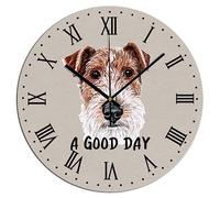 Yelolyio A Good Day Horloge murale décorative en bois rustique Motif Fox Terrier 25,4 cm Horloge murale ronde silencieuse à piles pour chambre à coucher bureau