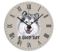 Yelolyio A Good Day Horloge murale ronde en malamute de l'Alaska - Jolie horloge murale silencieuse sans tic-tac pour cuisine, maison, école, bureau, décoration murale - 30,5 x 30,5 cm - Cadeau de