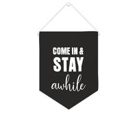 Yelolyio Drapeau mural en toile avec citation inspirante « Come In & Stay Awhile » - Bannière à suspendre pour la maison et le bureau - 25,4 x 30,5 cm - Cadeau de pendaison de crémaillère