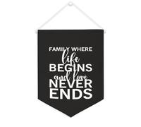 Yelolyio Drapeau mural en toile avec citation inspirante « Family Where Life Begins And Love Never Ends » - Décoration murale - 30,5 x 40,6 cm - Cadeau de pendaison de crémaillère