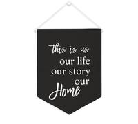 Yelolyio Drapeau mural en toile avec citation inspirante « This Is Us Our Life Our Story Our Home » - Bannière murale à suspendre - 30,5 x 40,6 cm - Cadeau de pendaison de crémaillère
