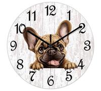 Yelolyio Horloge murale en bois avec bouledogue français - Horloge ronde décorative à quartz - 25,4 cm - Décoration de ferme pour salon, bureau, pendaison de crémaillère