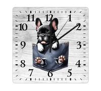 Yelolyio Horloge murale en bois avec motif bouledogue français, silencieuse, sans tic-tac, 38 x 38 cm, horloge murale carrée en bois pour cuisine, bureau, école, salle de classe, cadeau de pendaison
