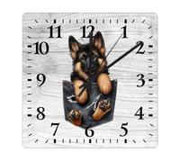 Yelolyio Horloge murale en bois de berger allemand - Silencieuse - Sans tic-tac - 30 x 30 cm - Horloge murale carrée en bois pour cuisine, bureau, école, salle de classe, cadeau de pendaison de