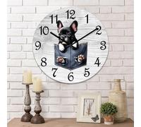 Yelolyio Horloge murale ronde amusante en forme de bouledogue français - Fonctionne avec piles - 38,1 cm - Silencieuse et moderne - Décoration d'intérieur pour bureau, salle de classe, chambre à