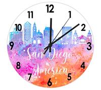 Yelolyio Horloge murale ronde en bois, horizon de San Diego, silhouette de gratte-ciel, silhouettes, horloge murale amusante à piles, horloge murale pour salle de bain, chambre à coucher, 25,4 x 25,4