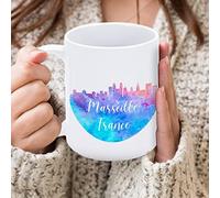 Yelolyio Tasses à café fantaisie en céramique blanche avec silhouette de la ville de Marseille de la France, 445 ml, silhouettes de gratte-ciel de ville, tasse à café humoristique en porcelaine pour