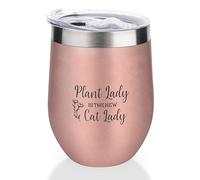 Yelolyio Verre à vin isotherme avec couvercle « Plant Lady is The New Cat Lady » - Cadeau d'anniversaire pour pendaison de crémaillère pour femme, homme, ami, or rose, 355 ml