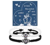 YELUWA Je T'aime en 100 Langues Bracelet, 2 Pcs Bracelet Couple Cadeau Pour Couple Projetée Bracelets Commun Couples pour 2 Cadeau Amoureux Valentin Cadeaux Amoureux Noir et Blanc