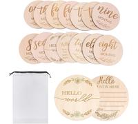 YEMAESRE-14 Pièces Ronds Panneau De Bienvenue En Bois Kit Avec Cartes Etapes Bébé Et Sac De Rangement, 6 Pouces Hello World Panneaux D'Annonce Pour Hôpital Accessoire Photo Douche, Cadeau Pour Nouvea