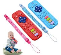 Yemaesre-Anneau Dentition Bebe Silicone,2 Pcs Telecommande Jouet Dentition Bébé Avec 2 Attache-Sucette,Ensemble Anneau De Dentition Doux Sans Bpa Pour 0-12 Mois Bébés (Rouge/Bleu)