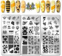 Yemaesre-Plaquesd'estampage Pour Ongles En Nid D'abeille 3pcs Tampon À Ongles Spring Bee Honey Pochoirs Pour Nail Art Tournesol Plaque D'image Pour Ongles En Acier Inoxydable Pour De Nail Art