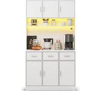 YeMaster Buffet multifonctionnel avec éclairage LED avec télécommande, tiroirs, étagères réglables, trous pour le passage des câbles et prises de courant, 100x40x180 cm, convient pour les cuisines et 