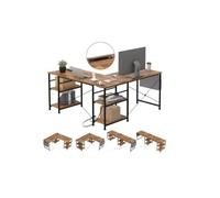 YeMaster Bureau, bureau d'ordinateur en L, bureau de bureau, bureau réversible avec prise de courant, 140x140x74 cm, marron