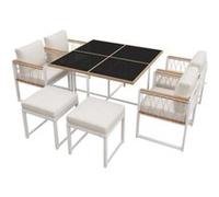 YeMaster Ensemble table et chaises de salle à manger 7 pièces pour l'extérieur, 6 places, table en verre trempé pour la cour, le jardin et le patio, blanc blanc G