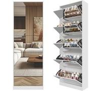 YeMaster Meuble à chaussures miroir avec 5 tiroirs pliants, meuble à chaussures pliant indépendant, blanc Blanc G