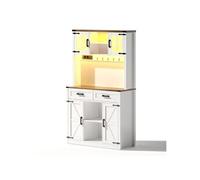 YeMaster Meuble de bar, rangement de cuisine avec éclairage LED et prises, table de bar à café, étagères réglables, blanc