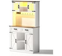 YeMaster Meuble de bar, rangement de cuisine avec éclairage LED et prises, table de bar à café, étagères réglables, blanc G